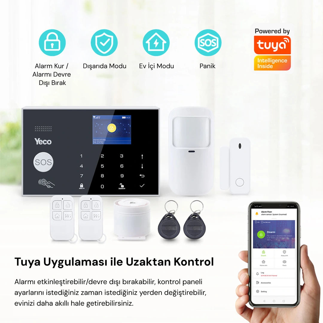 YECO SAS-10 Akıllı Alarm Sistemi, Wifi ve 4G GSM Bağlantısı, Hareket ve Kapı-Pencere Sensörü, Mobil Uyumlu