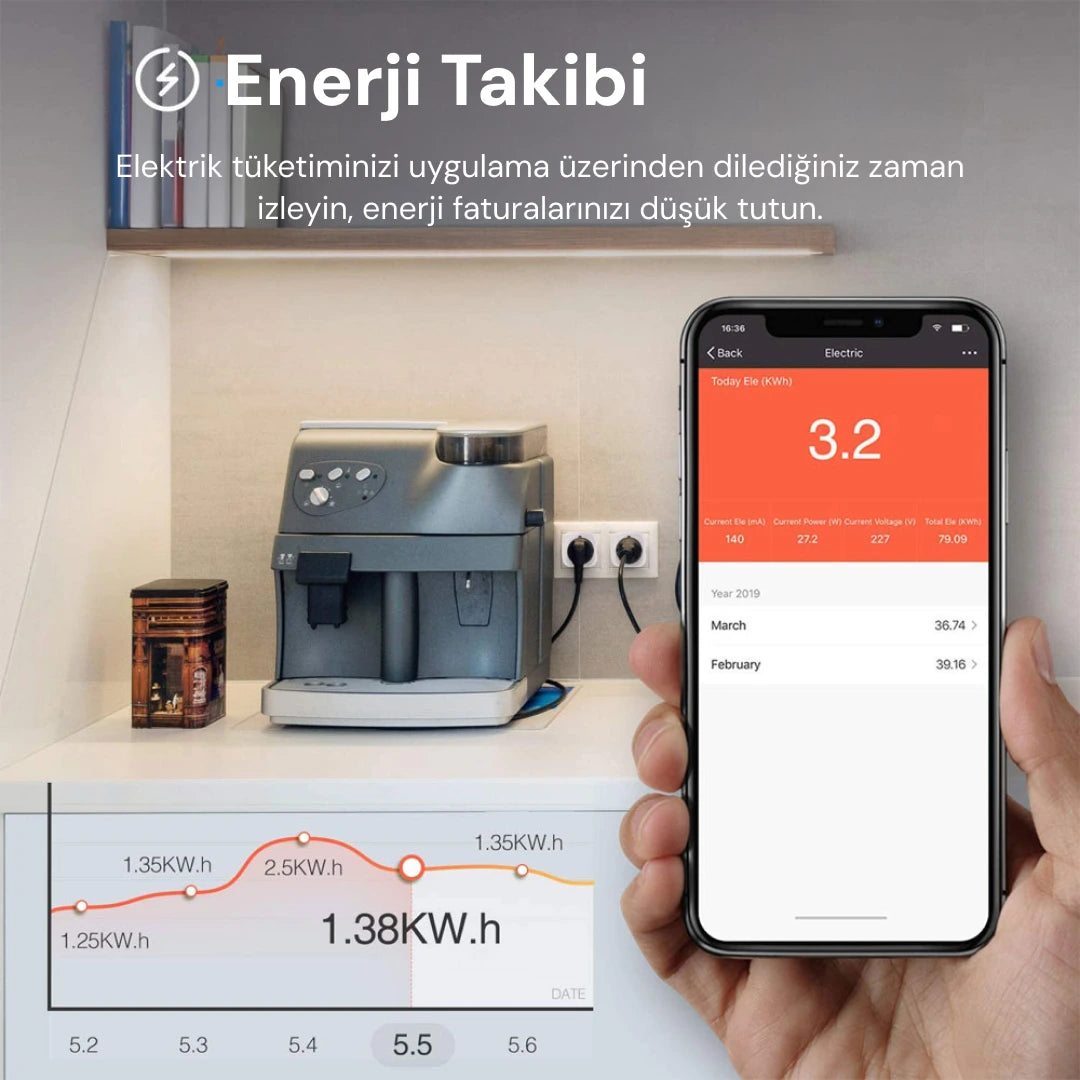 YECO SP-16 Akıllı Priz, Wi-Fi Uyumlu, Telefonla Kontrol, 16A Akım Koruma, Enerji İzleme, 2 Adet
