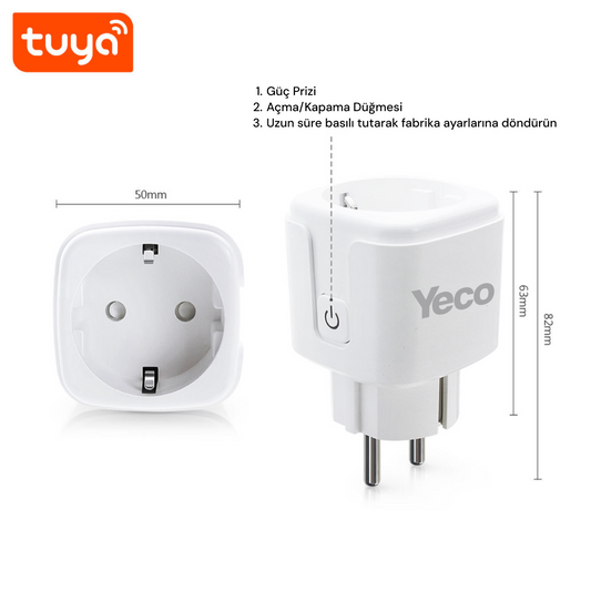 YECO SP-16 Akıllı Priz, Wi-Fi Uyumlu, Telefonla Kontrol, 16A Akım Koruma, Enerji İzleme