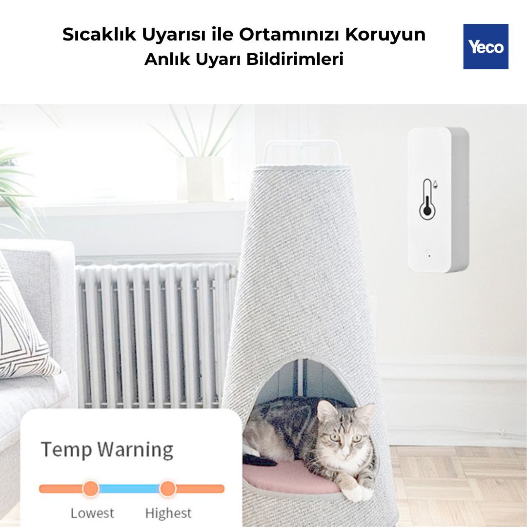 YECO WiFi Akıllı Sıcaklık ve Nem Sensörü, Tuya Uyumlu, Uygulama Kontrollü, Pilli