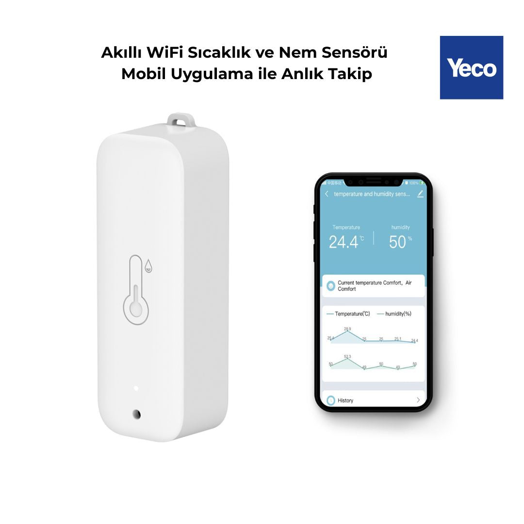YECO WiFi Akıllı Sıcaklık ve Nem Sensörü, Tuya Uyumlu, Uygulama Kontrollü, Pilli