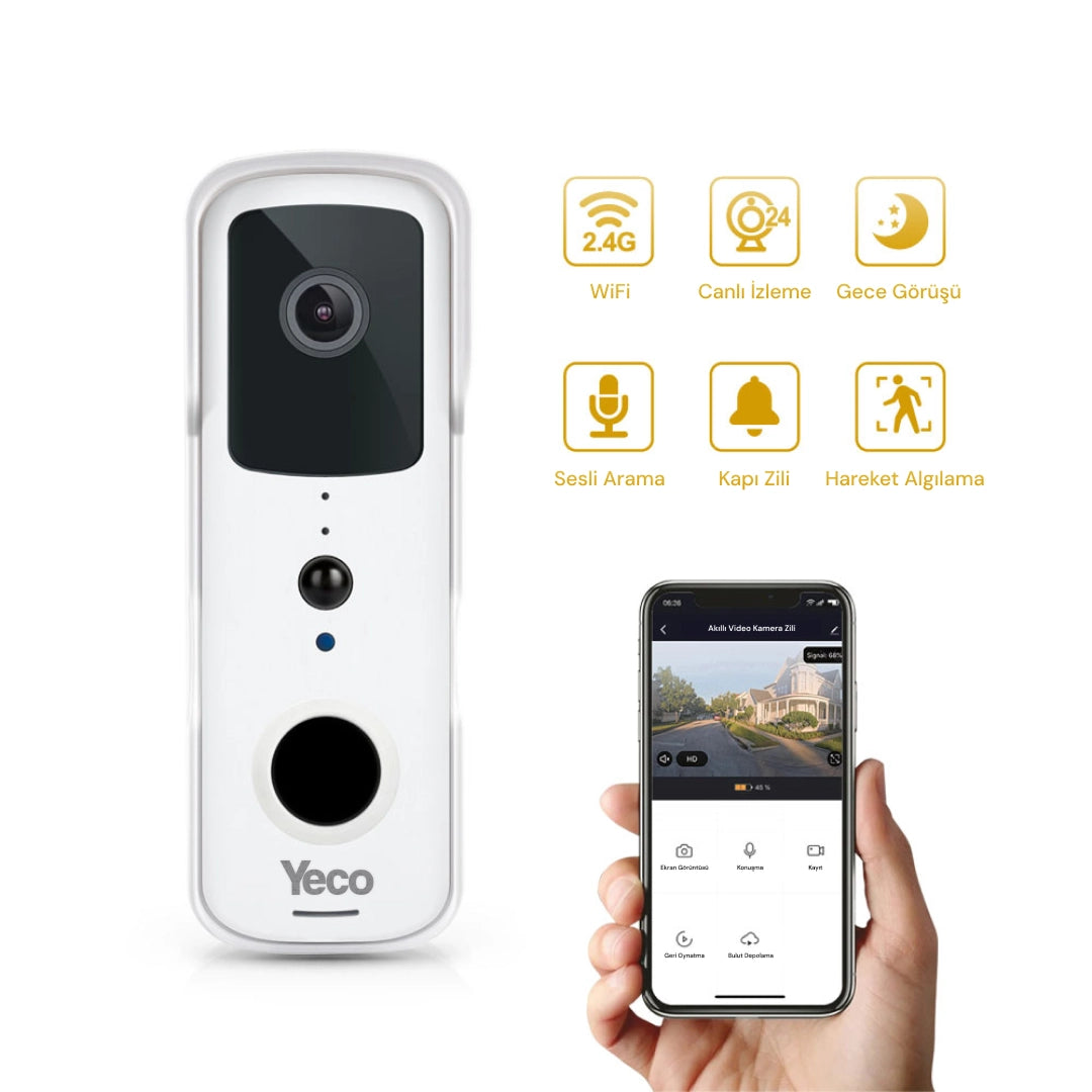 YECO BD-10 Akıllı Görüntülü Kapı Zili – Hareket Sensörlü, IP66, WiFi, Çift Yönlü Ses