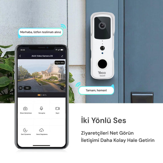 YECO BD-10 Akıllı Görüntülü Kapı Zili – Hareket Sensörlü, IP66, WiFi, Çift Yönlü Ses