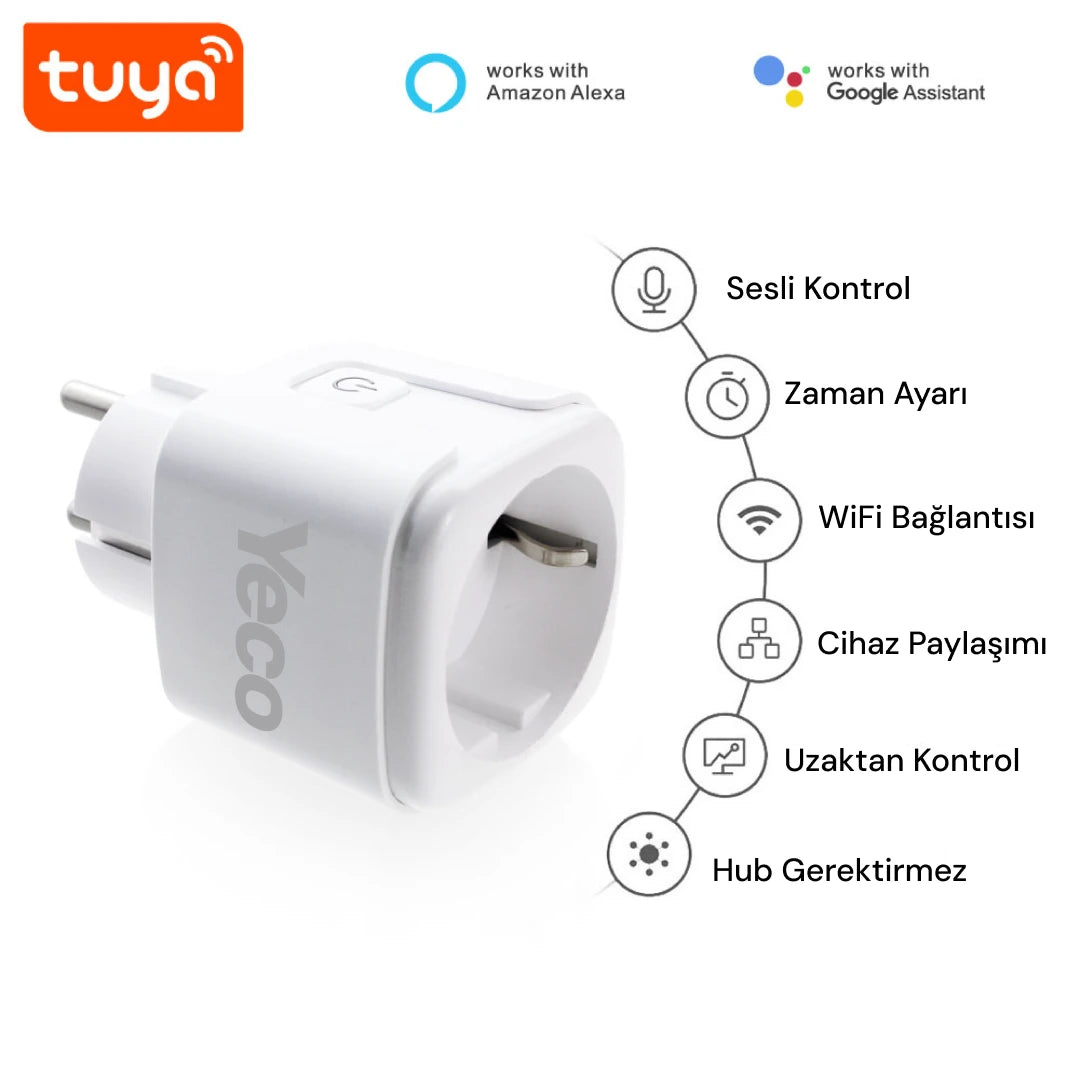 YECO SP-16 Akıllı Priz, Wi-Fi Uyumlu, Telefonla Kontrol, 16A Akım Koruma, Enerji İzleme, 2 Adet