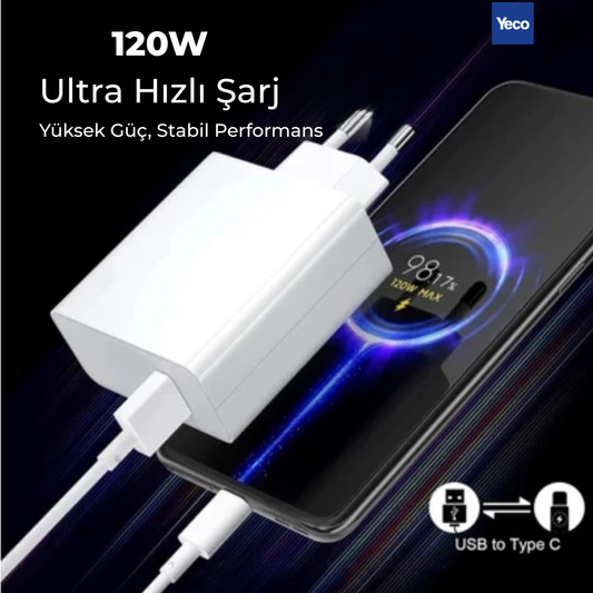 Yeco 120W Type-C Ultra Hızlı Şarj Adaptörü ve Kablo Seti, Hızlı Şarj Destekli, Beyaz