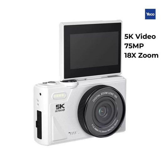 YECO 5K Dijital Kamera 75MP, 18X Zoom, Flaşlı, Beyaz Renk, Vlog Kamera, MP4 Video, Türkçe Menü