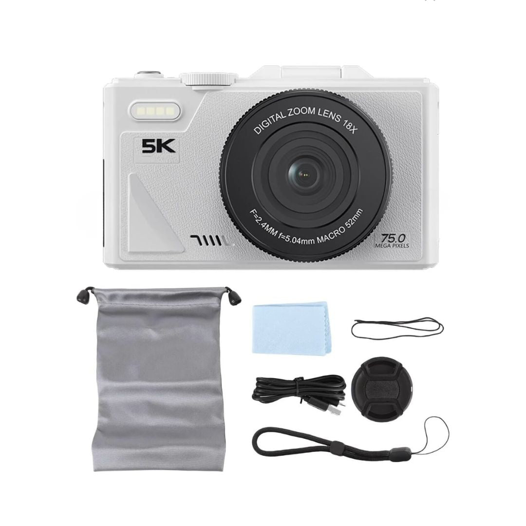 YECO 5K Dijital Kamera 75MP, 18X Zoom, Flaşlı, Beyaz Renk, Vlog Kamera, MP4 Video, Türkçe Menü