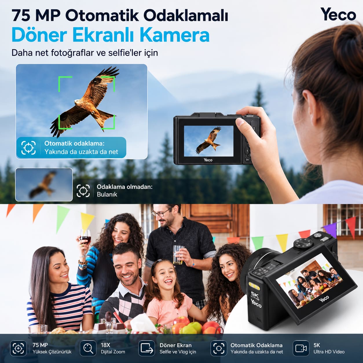 YECO DC75 5K Dijital Kamera 75MP, 18X Zoom, Döner Selfie Ekranı