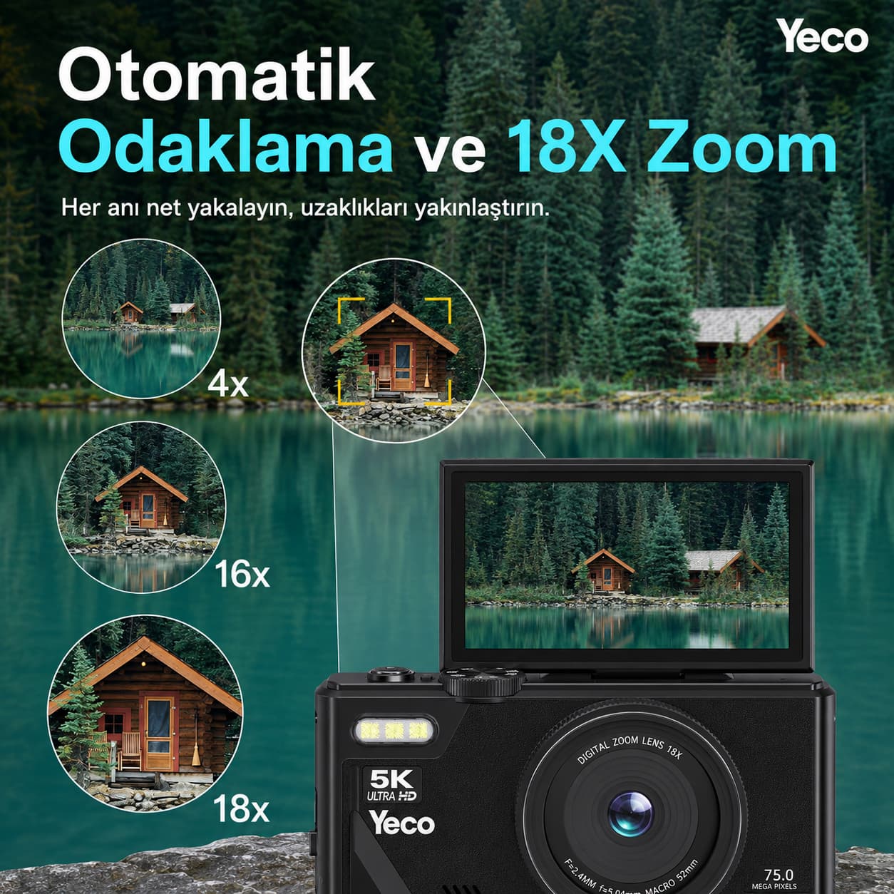 YECO DC75 5K Dijital Kamera 75MP, 18X Zoom, Döner Selfie Ekranı