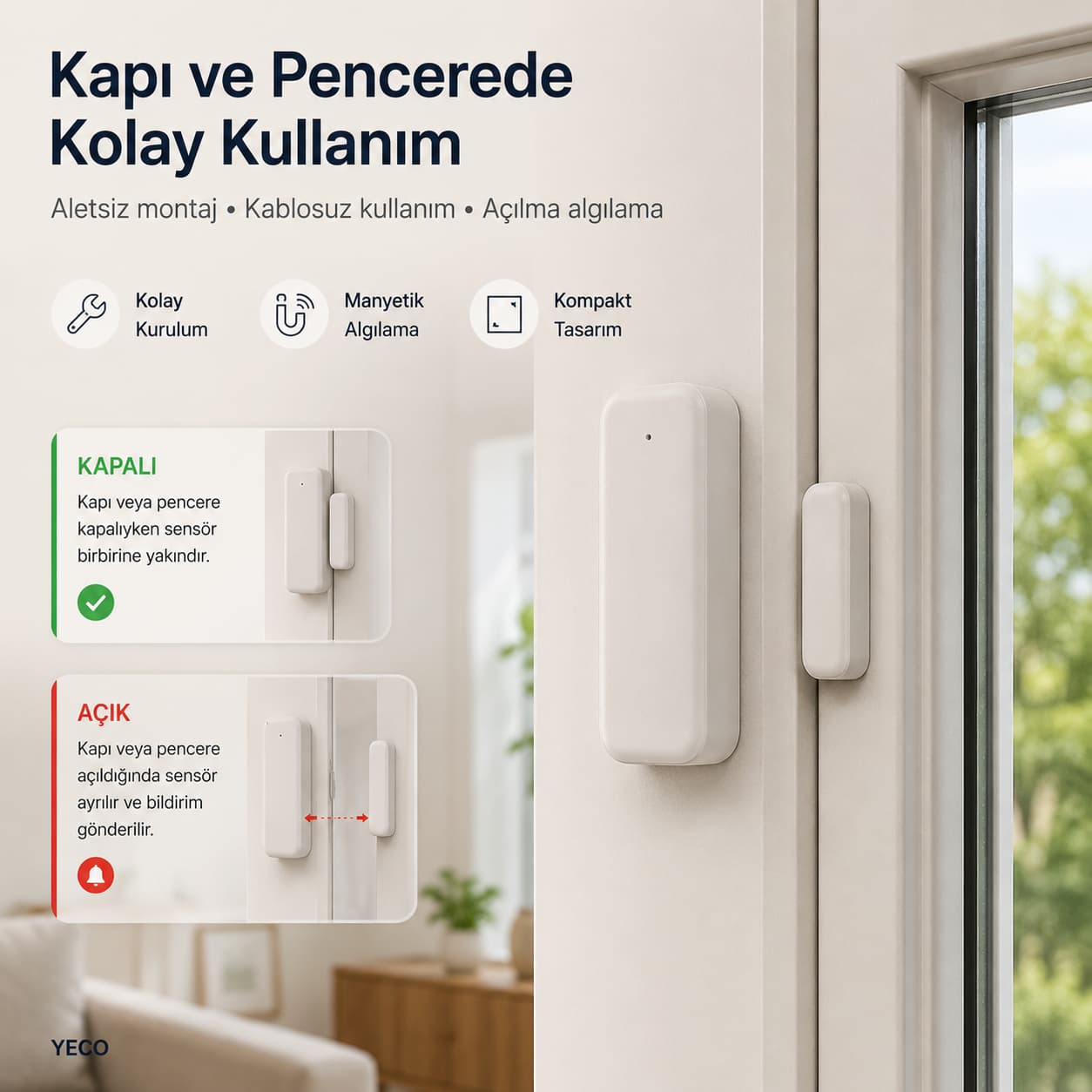 YECO MK-10 Akıllı WiFi Kapı ve Pencere Sensörü – Tuya Uyumlu, Bildirimli, Kablosuz