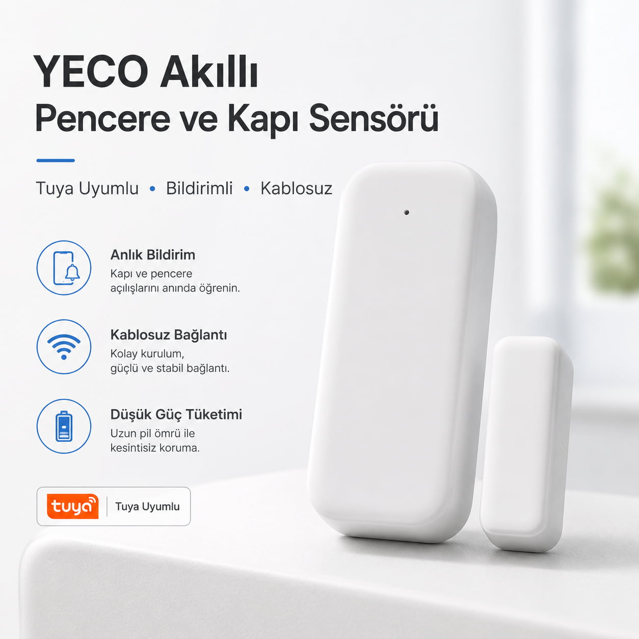 YECO MK-10 Akıllı WiFi Kapı ve Pencere Sensörü – Tuya Uyumlu, Bildirimli, Kablosuz