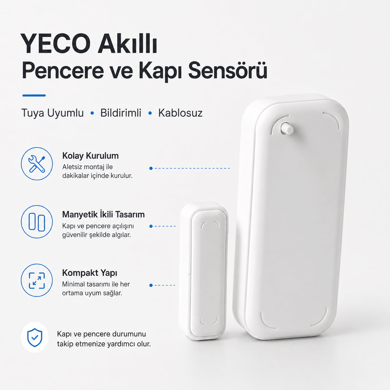 YECO MK-10 Akıllı WiFi Kapı ve Pencere Sensörü – Tuya Uyumlu, Bildirimli, Kablosuz