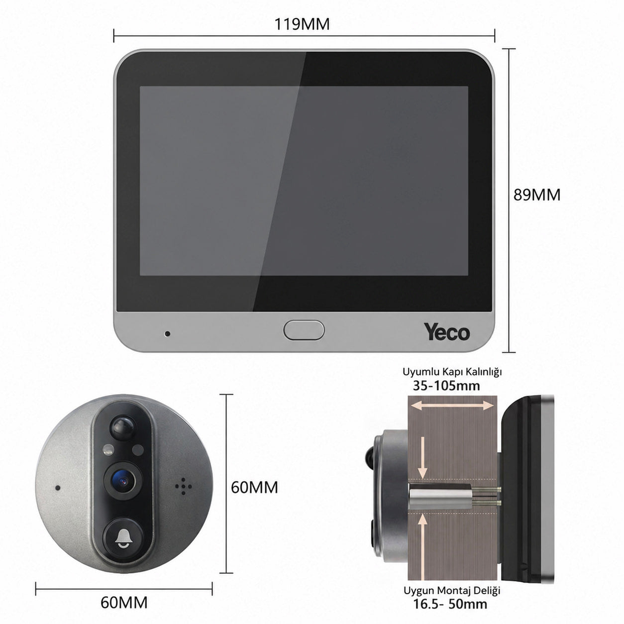 YECO PD-20 Akıllı Görüntülü Kapı Dürbünü, 4.3 İnç LCD Ekran, PIR Hareket Algılama, Çift Yönlü Görüşme, Mobil Uyumlu