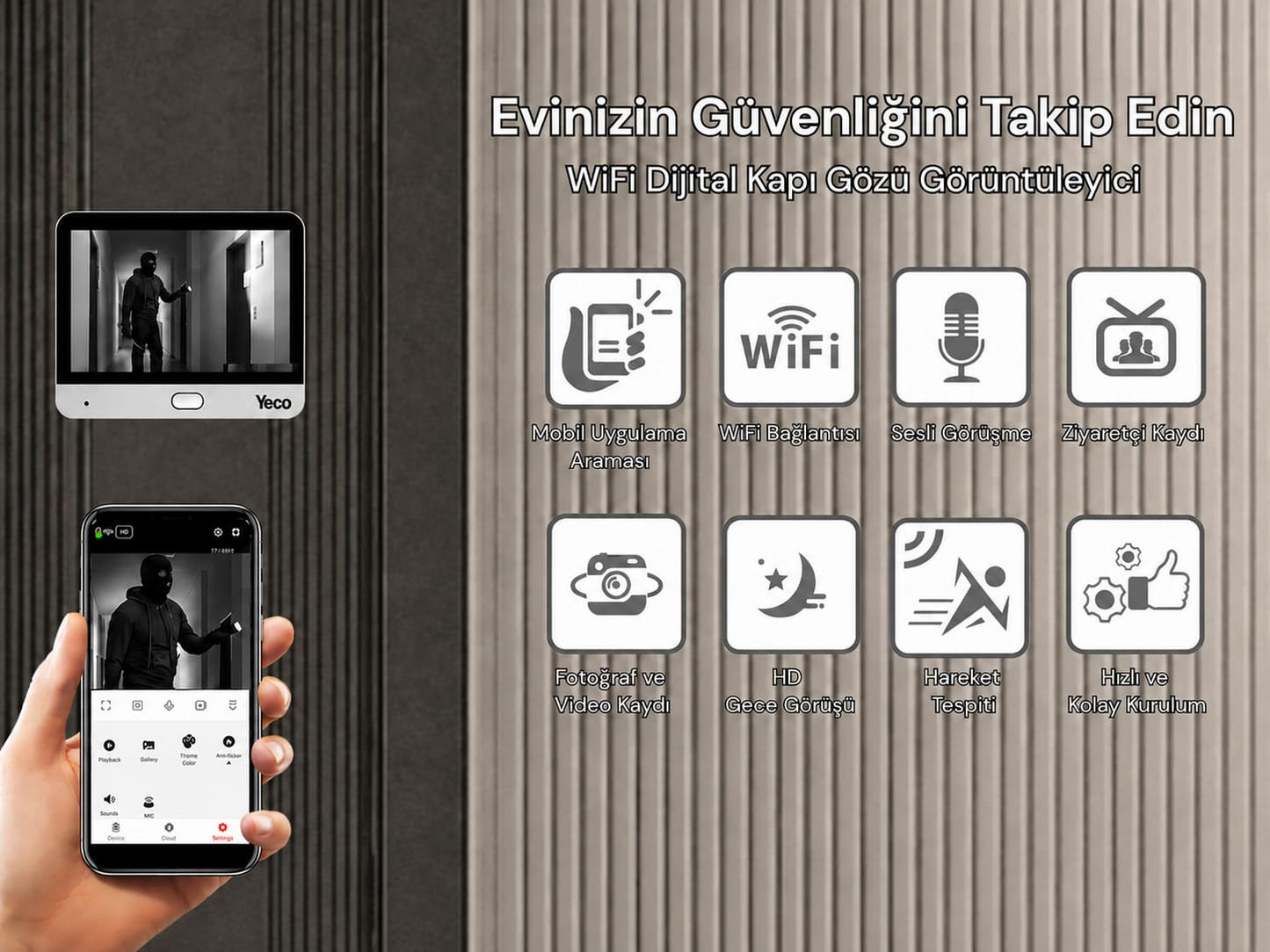 YECO PD-20 Akıllı Görüntülü Kapı Dürbünü, 4.3 İnç LCD Ekran, PIR Hareket Algılama, Çift Yönlü Görüşme, Mobil Uyumlu