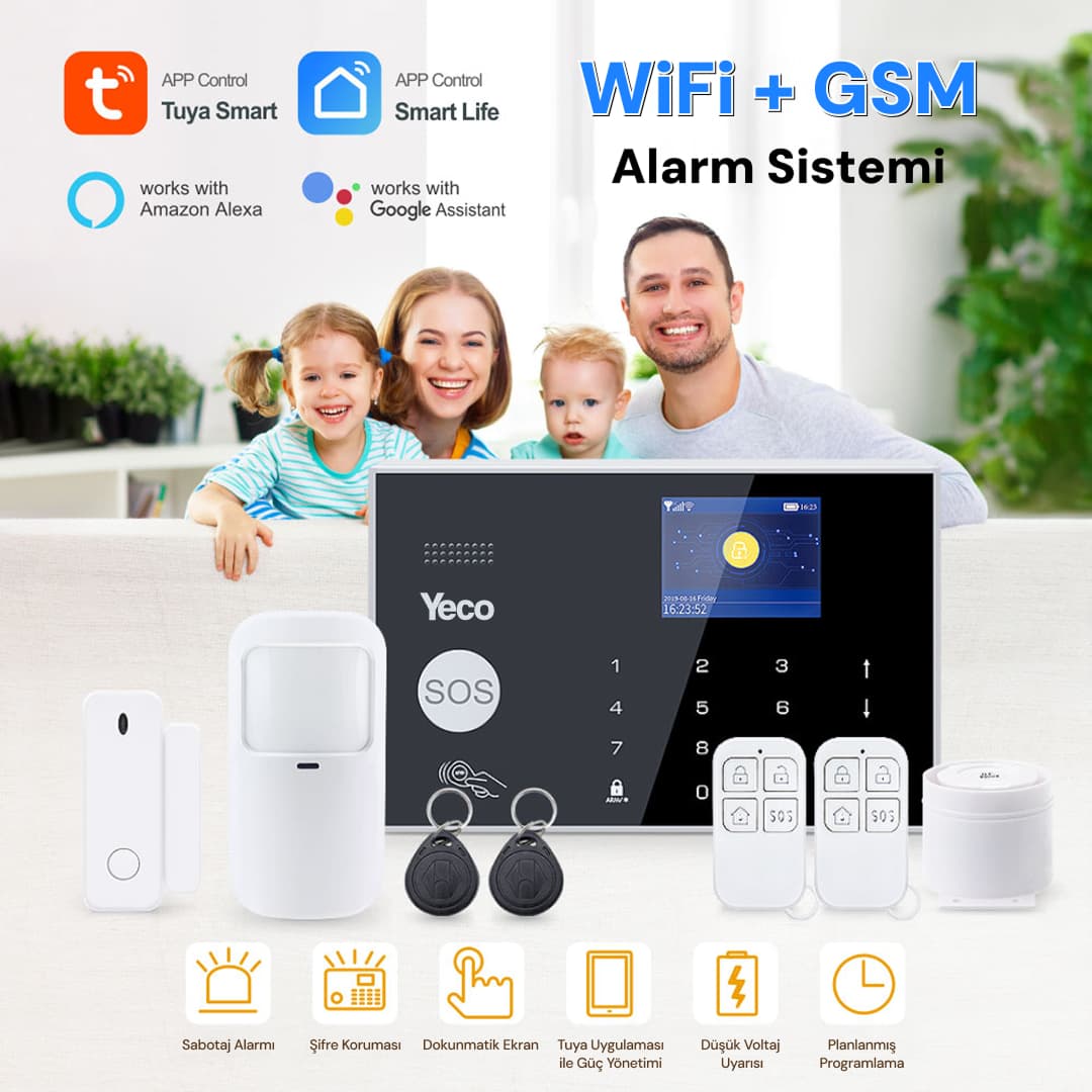 YECO SAS-10 Premium Akıllı Alarm Sistemi, WiFi, GSM/4G, Tuya Uyumlu, Mobil Kontrollü
