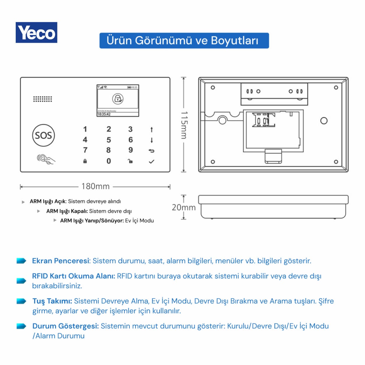 YECO SAS-10 Premium Akıllı Alarm Sistemi, WiFi, GSM/4G, Tuya Uyumlu, Mobil Kontrollü