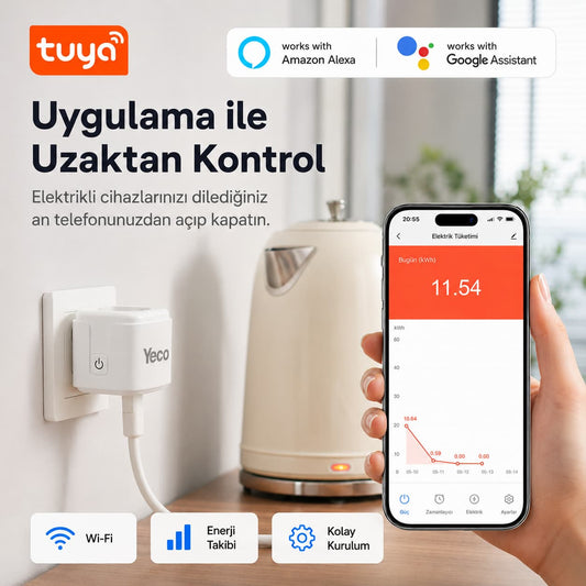 Yeco SP-16 Akıllı Priz, Wi-Fi Uyumlu, Telefonla Kontrol, 16A Akım Koruma, Enerji İzleme, 2 Adet
