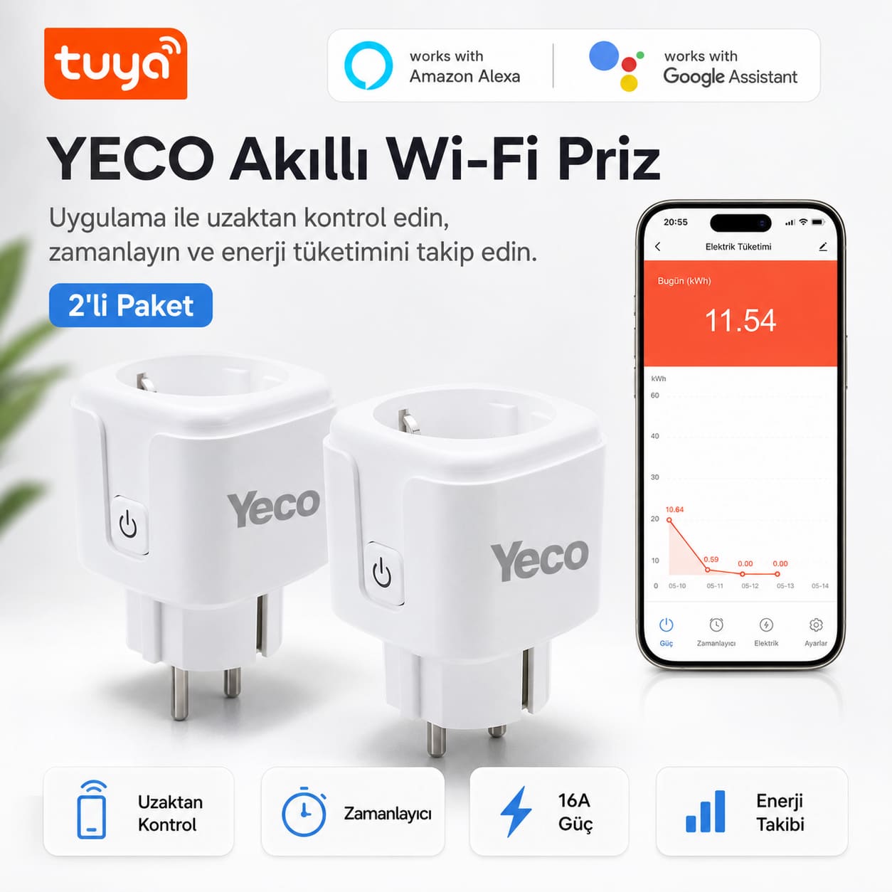 Yeco SP-16 Akıllı Priz, Wi-Fi Uyumlu, Telefonla Kontrol, 16A Akım Koruma, Enerji İzleme, 2 Adet