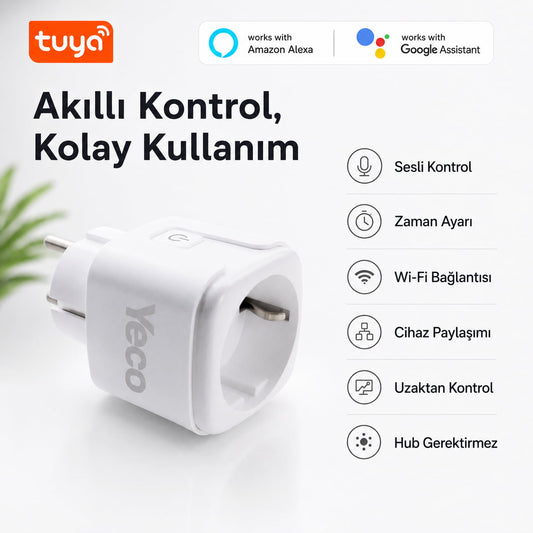 YECO SP-16 Akıllı Priz, Wi-Fi Uyumlu, Telefonla Kontrol, 16A Akım Koruma, Enerji İzleme