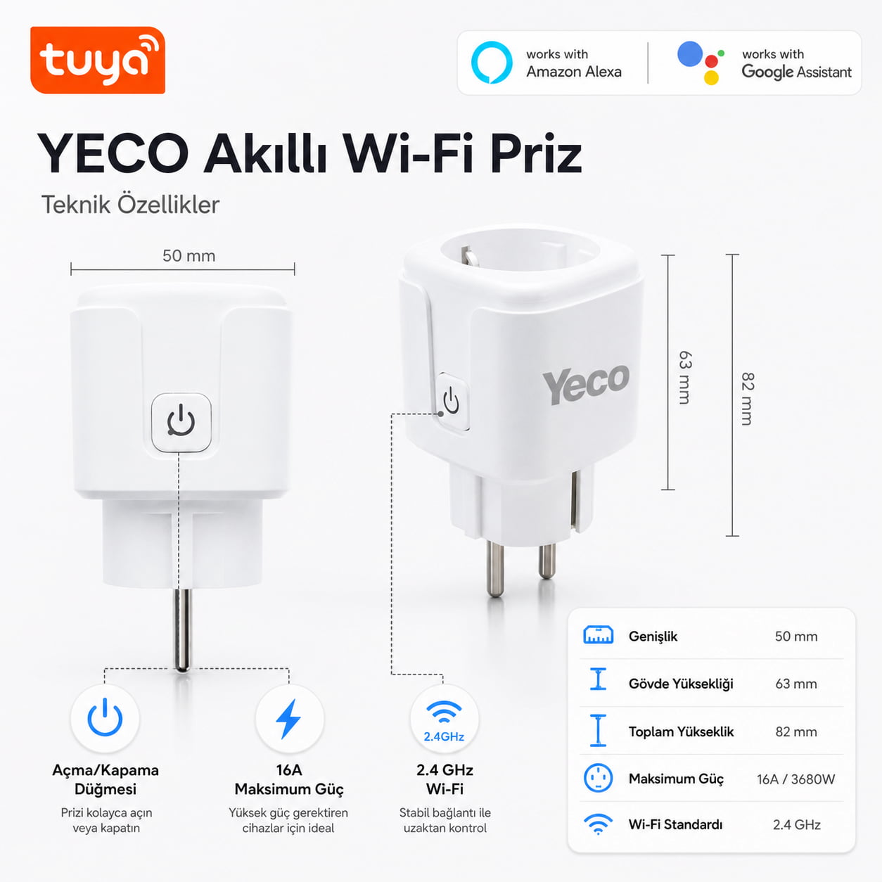 YECO SP-16 Akıllı Priz, Wi-Fi Uyumlu, Telefonla Kontrol, 16A Akım Koruma, Enerji İzleme